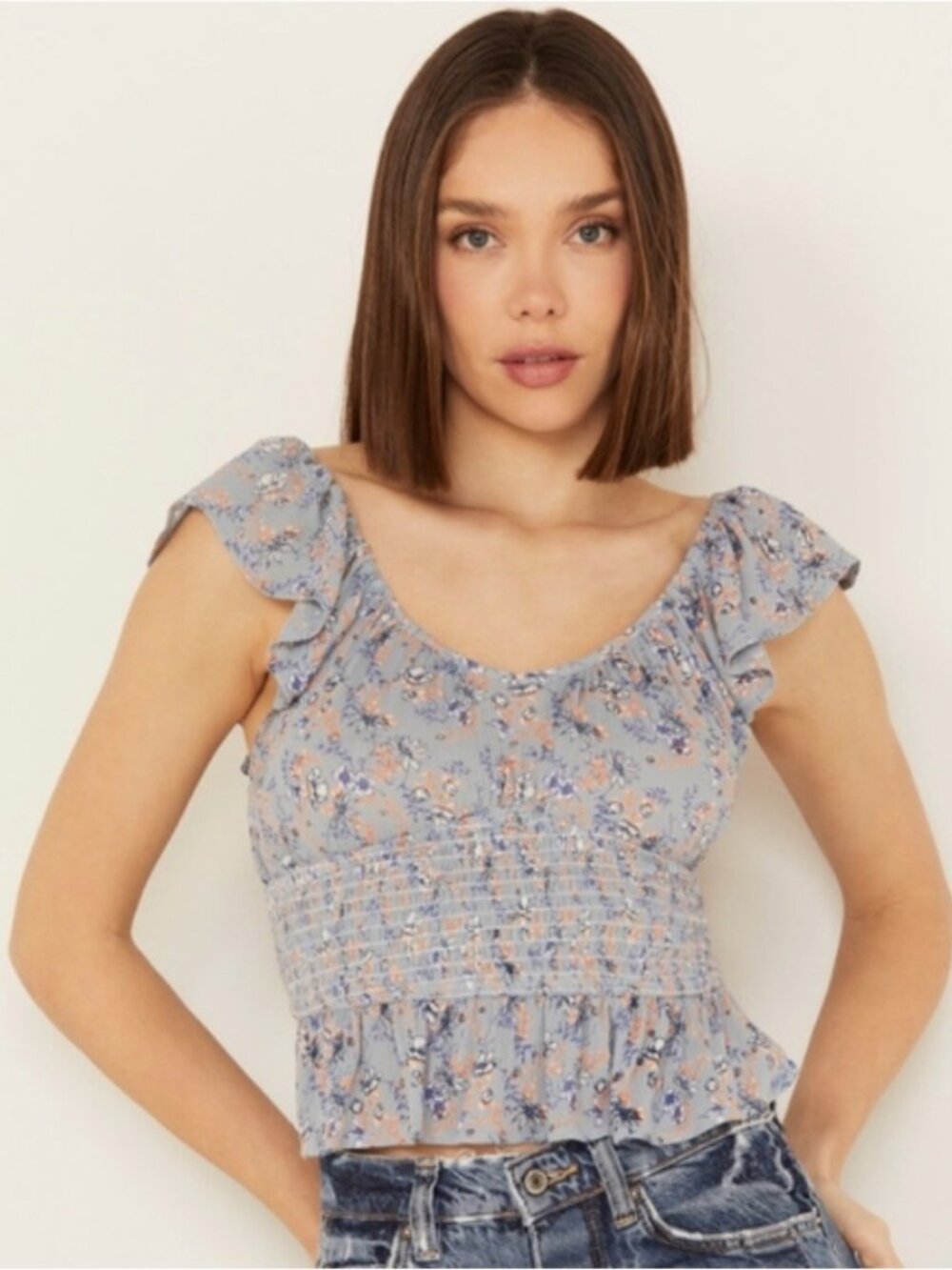 Rock & Roll Denim Floral Flutter Sleeveless Crop Top Steel Blue (M) NWT!